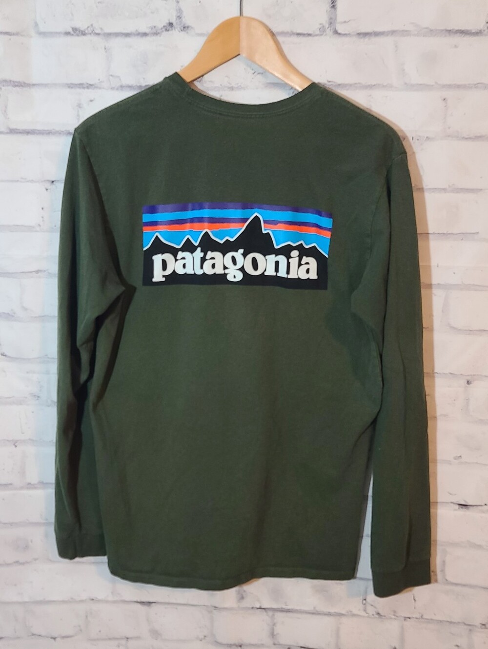 Patagonia Men's Green Long Sleeve Crew Neck Graphic Logo Tee Shirt M